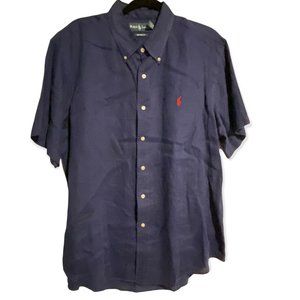 Ralph Lauren Navy Blue Short Sleeved Button Down 100% Linen Shirt Men's XL